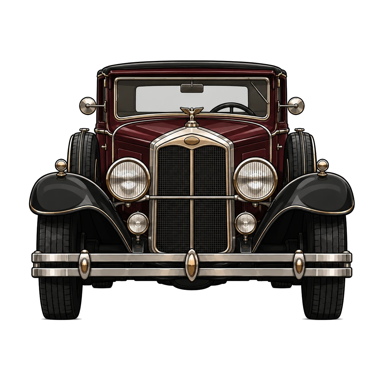 Front view of a vintage burgundy Art Deco car with black fenders, round headlights, and brass trim