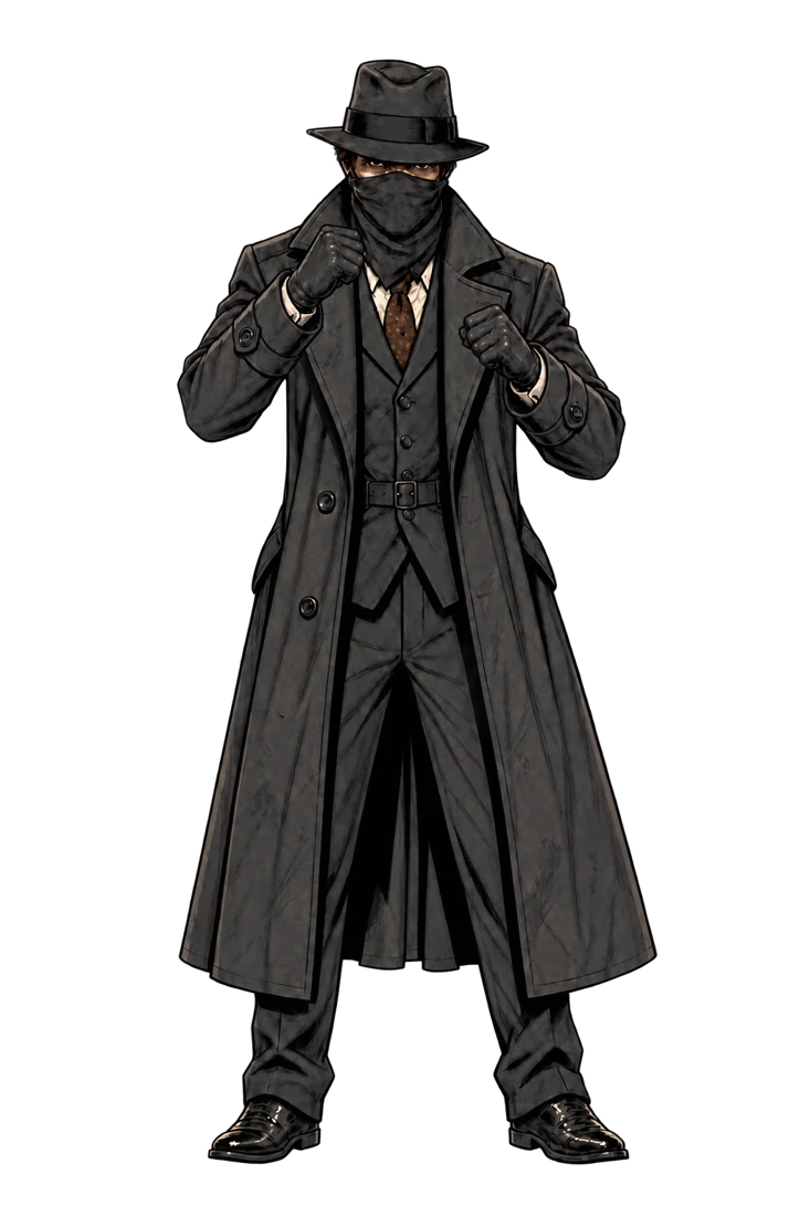 Illustrated masked enemy in a fedora and suit, holding a close-combat stance