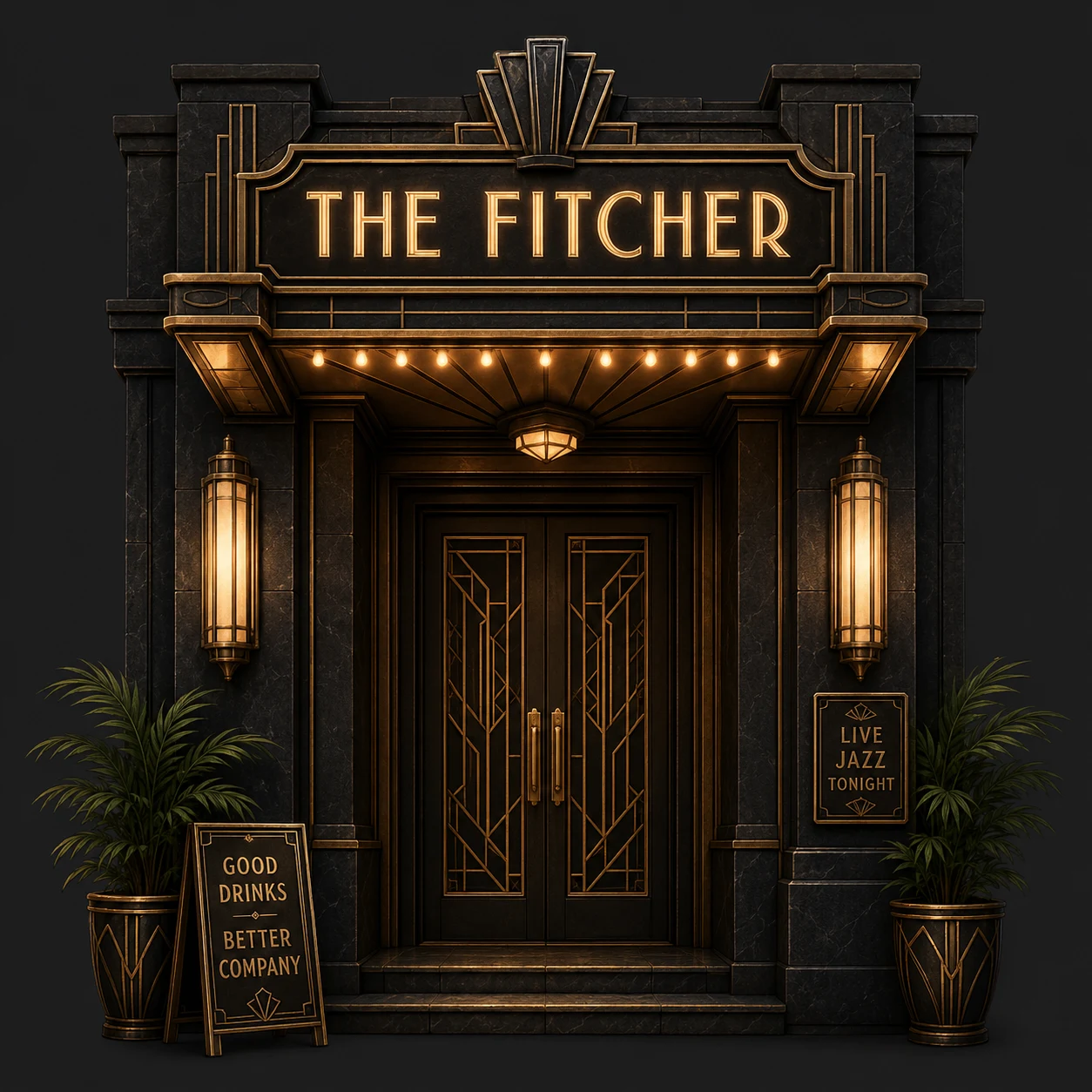 The Fitcher entrance asset, with gold lettering, illuminated doorway, dark stone, and potted plants