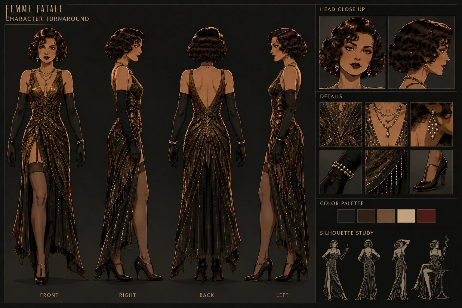 Femme fatale character turnaround showing front, right, back, and left views, head close-ups, costume and jewelry details, a color palette, and silhouette studies
