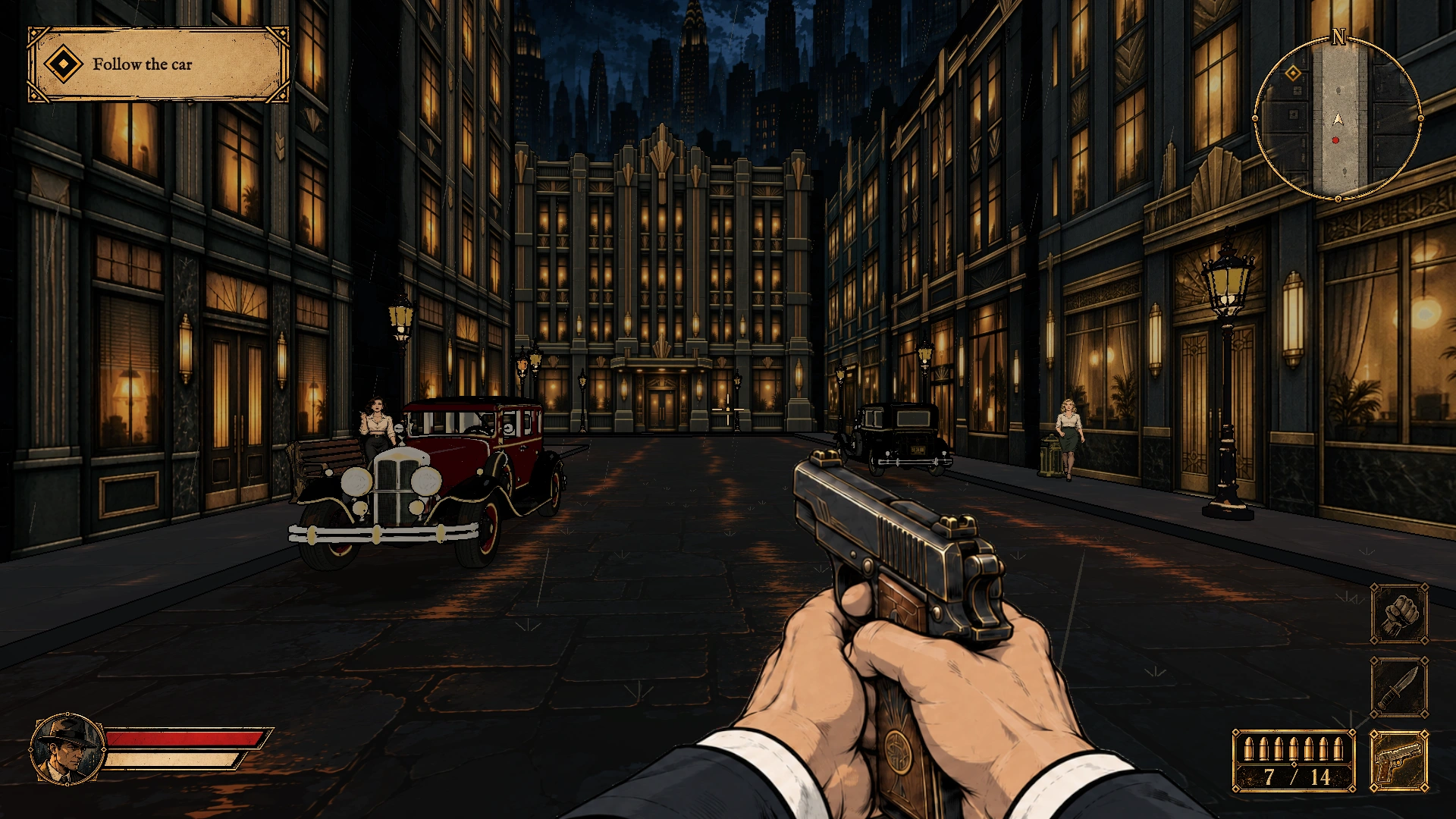 In-game screenshot showing the Follow the car objective, circular minimap, health and stamina bars, equipped pistol, weapon selection, and ammunition