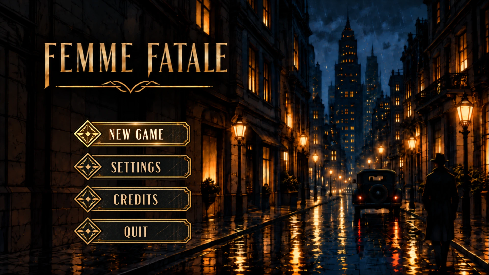 Main menu with the Femme Fatale title, New Game, Settings, Credits, and Quit over an illustrated night street