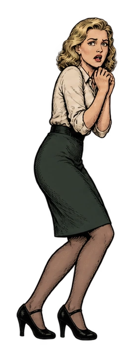 A frightened civilian recoils with her hands raised, wearing a cream blouse and dark green skirt
