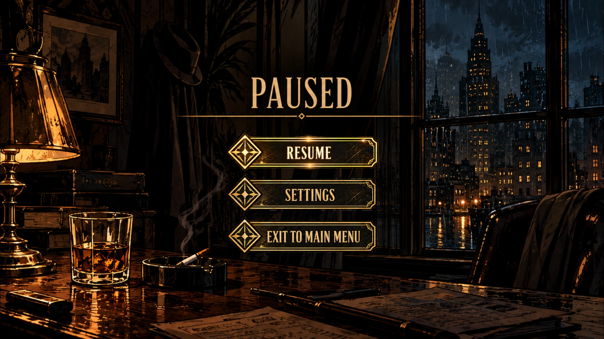 Pause menu with Resume, Settings, and Exit to Main Menu in decorative gold frames