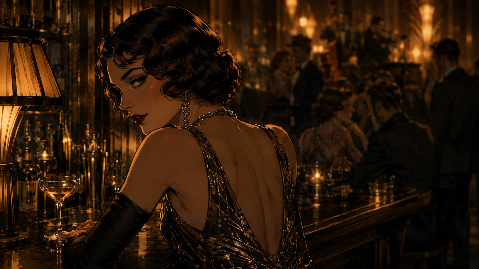 The woman turns from the bar in a crowded, warmly lit jazz club
