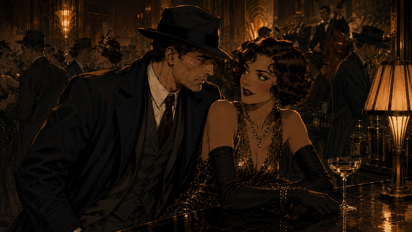 A man in a fedora leans toward the femme fatale at The Fitcher bar, with jazz musicians performing behind them