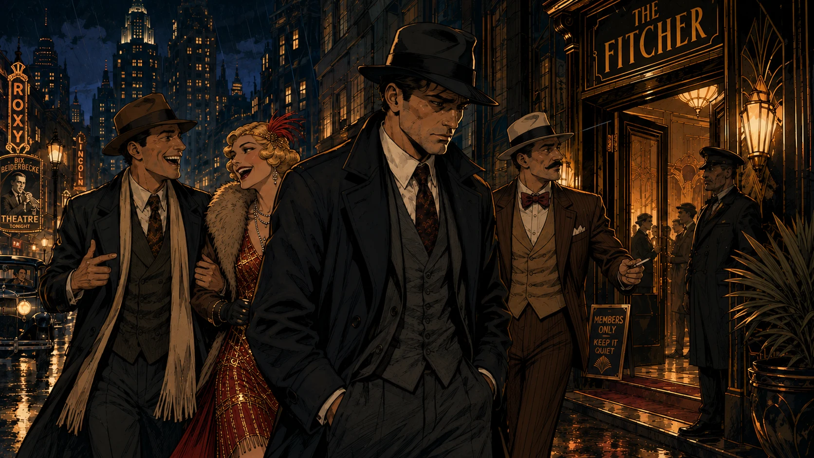 The main character and the femme fatale walk through an amber-lit city street
