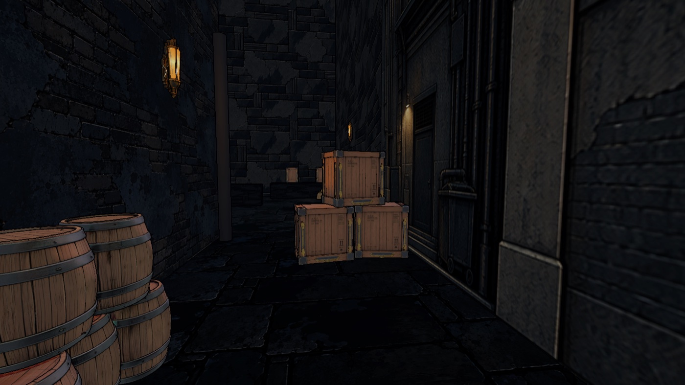 Development capture of crates against the right alley wall and a clear passage to their left