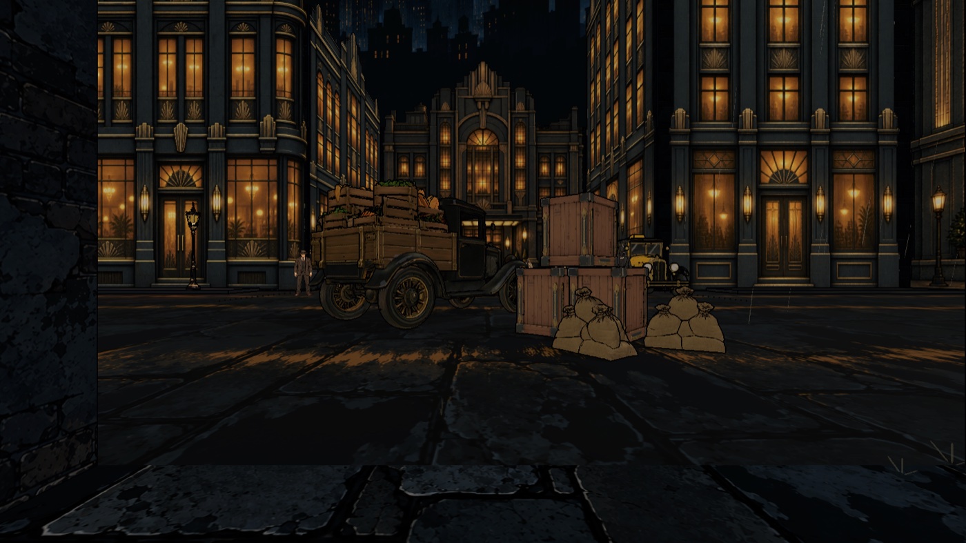Development capture from the narrow alley toward a food truck and stacked supplies screening the intersection