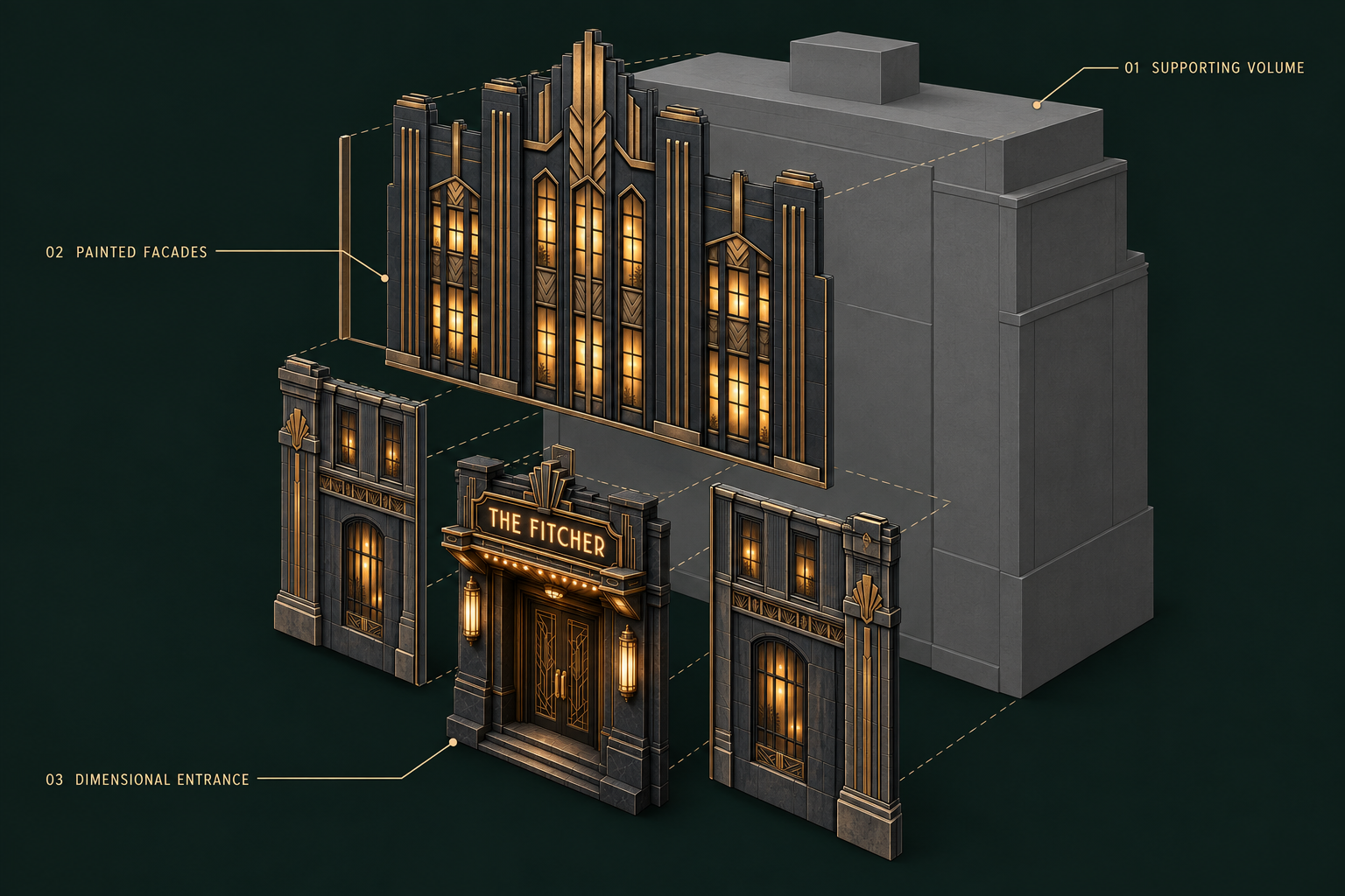 Exploded illustration: a supporting building volume, painted facade panels, and a dimensional entrance