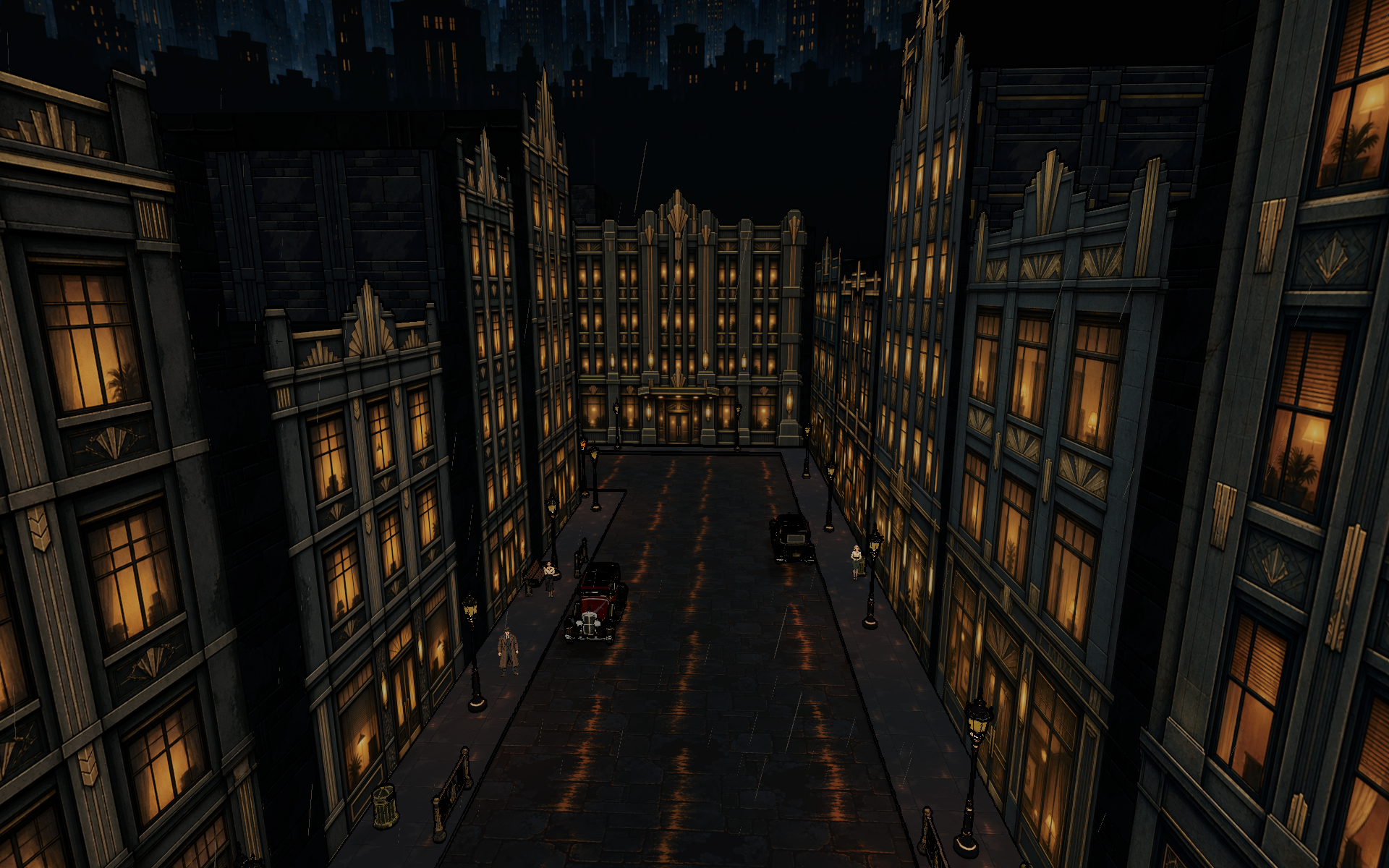 The street with illustrated facades and amber windows