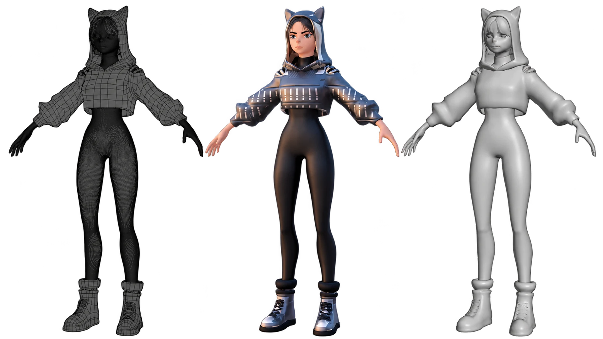 Three views of the feline character: wireframe, textured model, and clay model