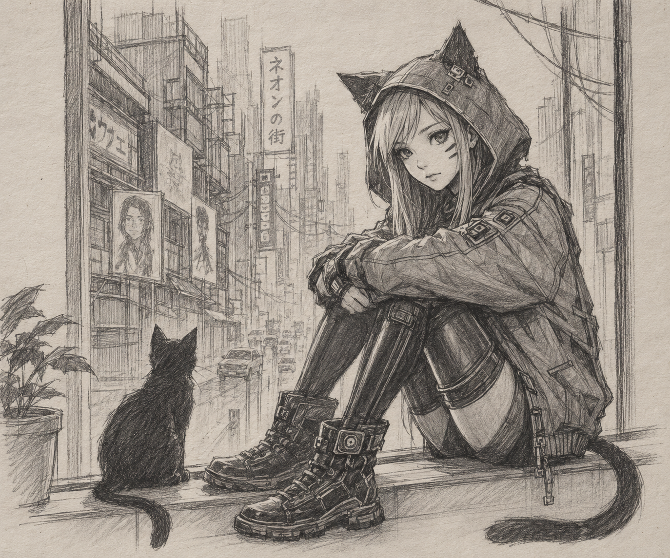 Pencil concept of a hooded feline girl sitting above a city street with a cat