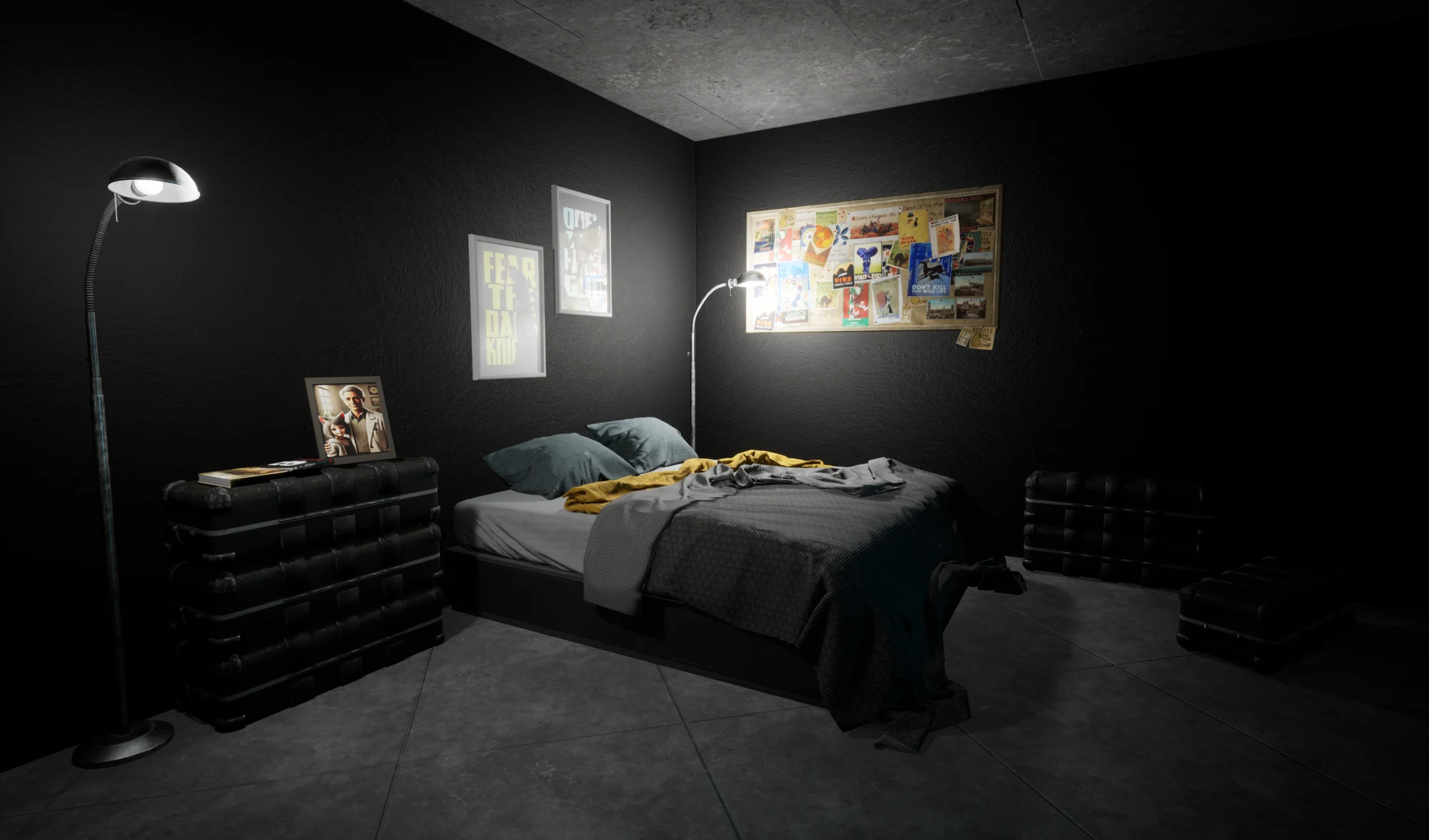 A dark bedroom with two lamps, framed posters, and a lit board of clippings above the bed