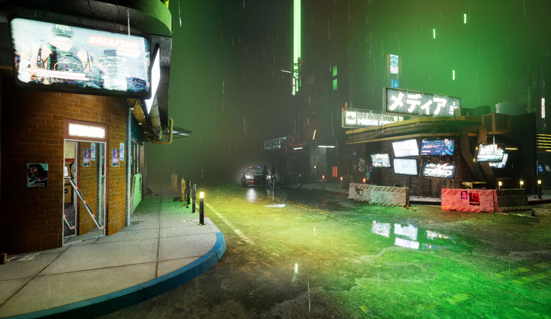 A rain-soaked street with Japanese neon signage, news screens, and a patrol car in the distance