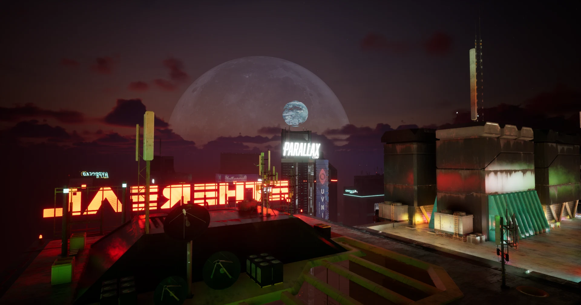 A rooftop at dusk with red neon lettering, the Parallax Corp tower, and a large moon low in the sky