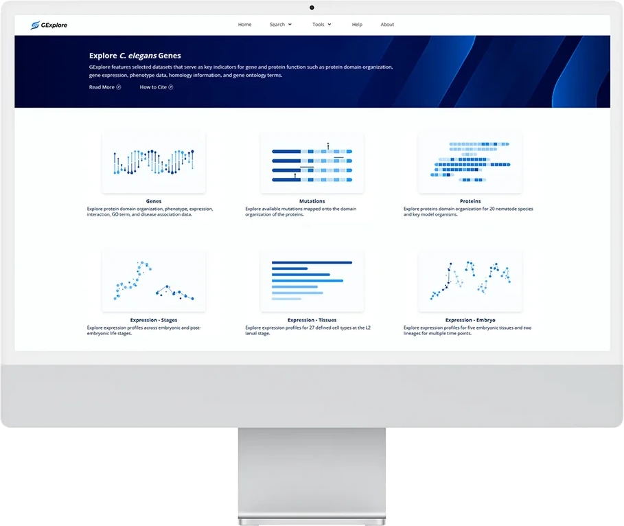 The original GExplore homepage, with six illustrated routes into gene and protein data