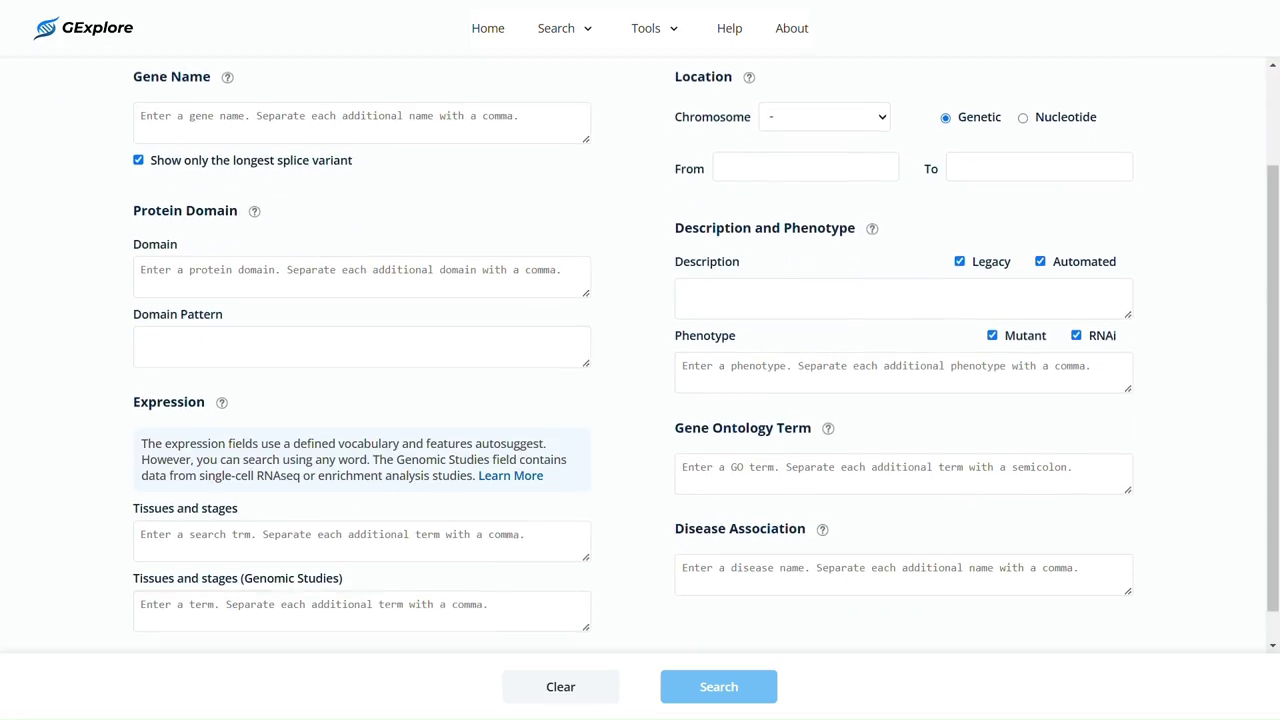 Full GExplore search form with Expression guidance expanded and the Search action at the bottom
