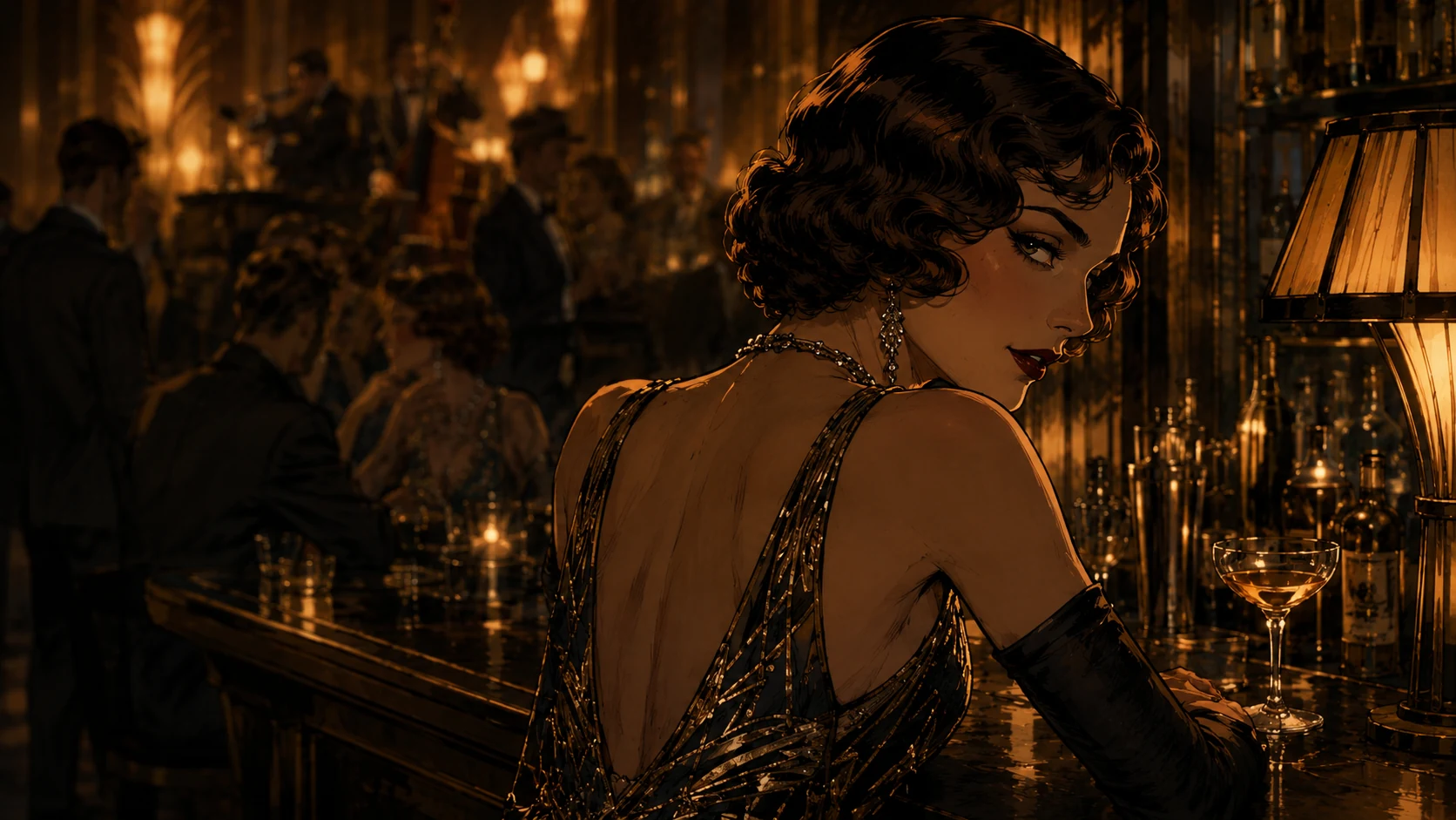 Femme Fatale: a woman in a beaded 1920s dress looks back over her shoulder in a candle-lit art deco bar.
