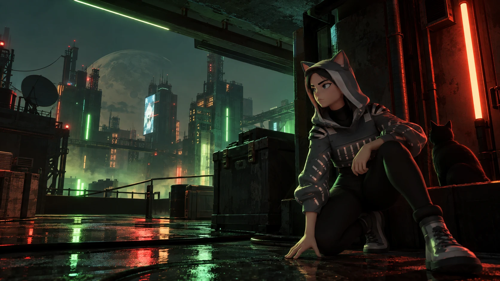 Feral: a hooded humanoid cat crouches on a rain-slick rooftop above a neon cyberpunk city.