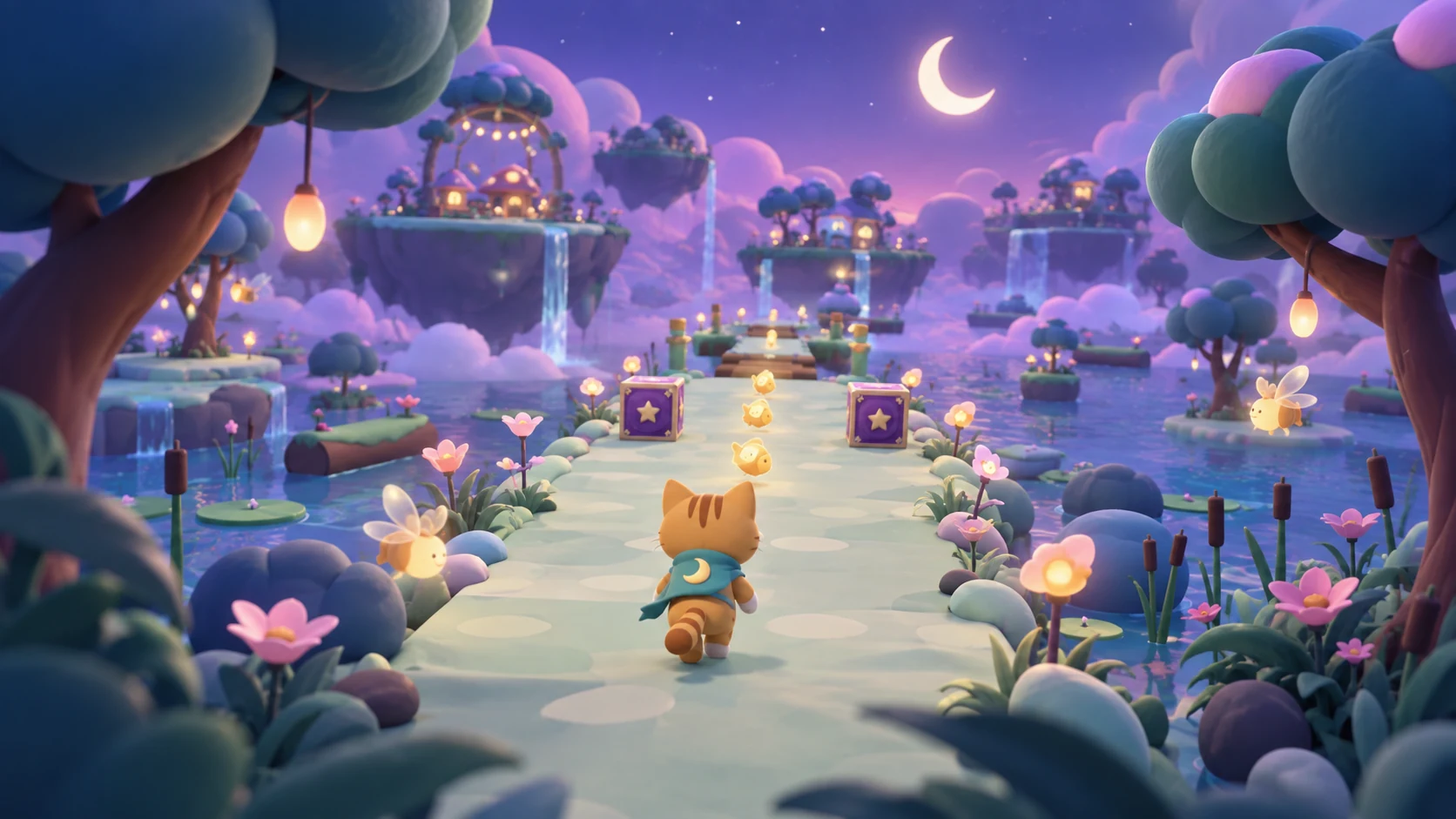 Pawsitive: a small cat in a blue scarf walks a glowing path between floating islands under a crescent moon.