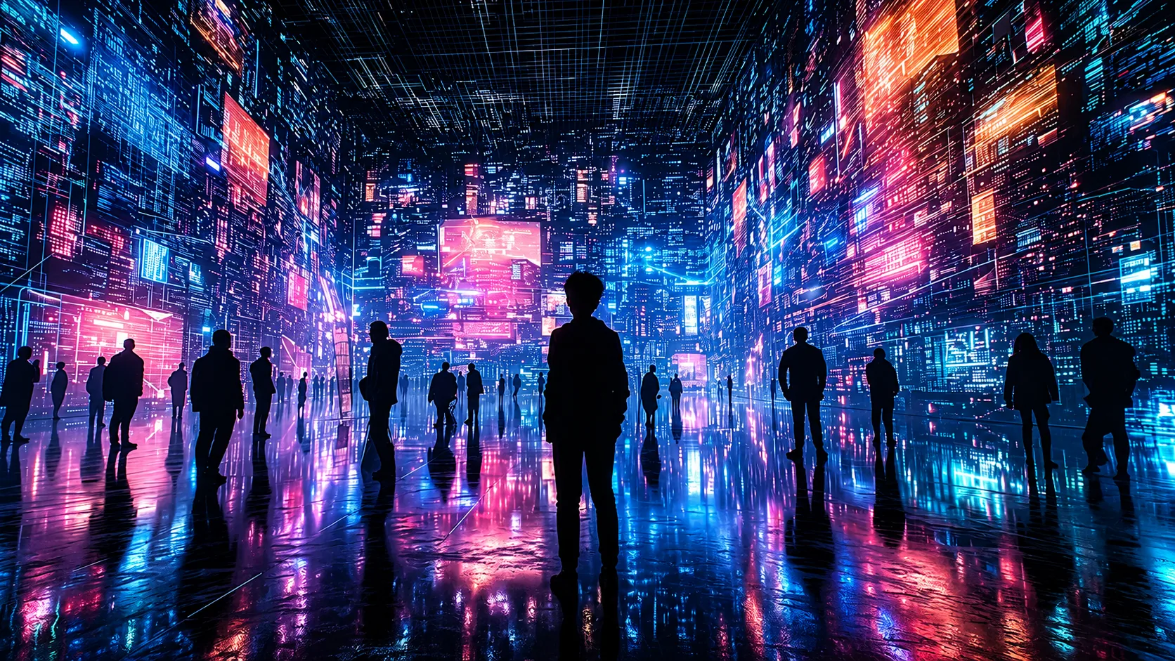 Service Desk: silhouetted people stand in a hall of glowing data screens reflected in a wet floor.
