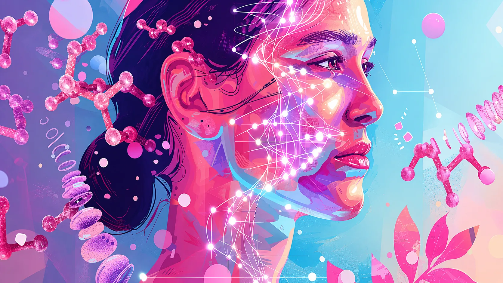 WeCare: an illustrated profile of a woman, her face traced with a glowing constellation of points, surrounded by pink molecules.