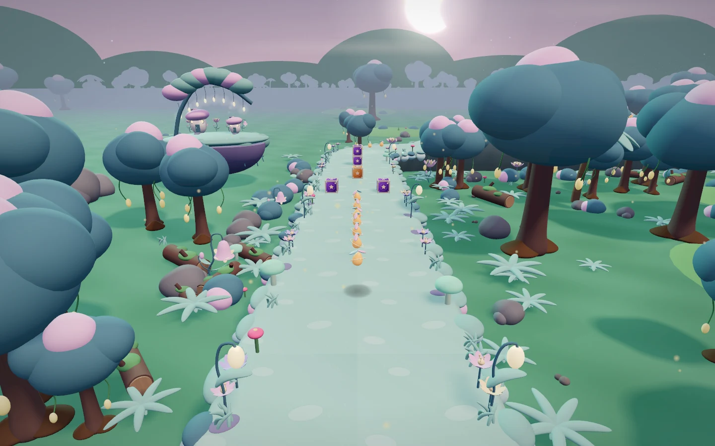 A lantern-lit path through a pastel jungle with glowing seeds and treasure crates