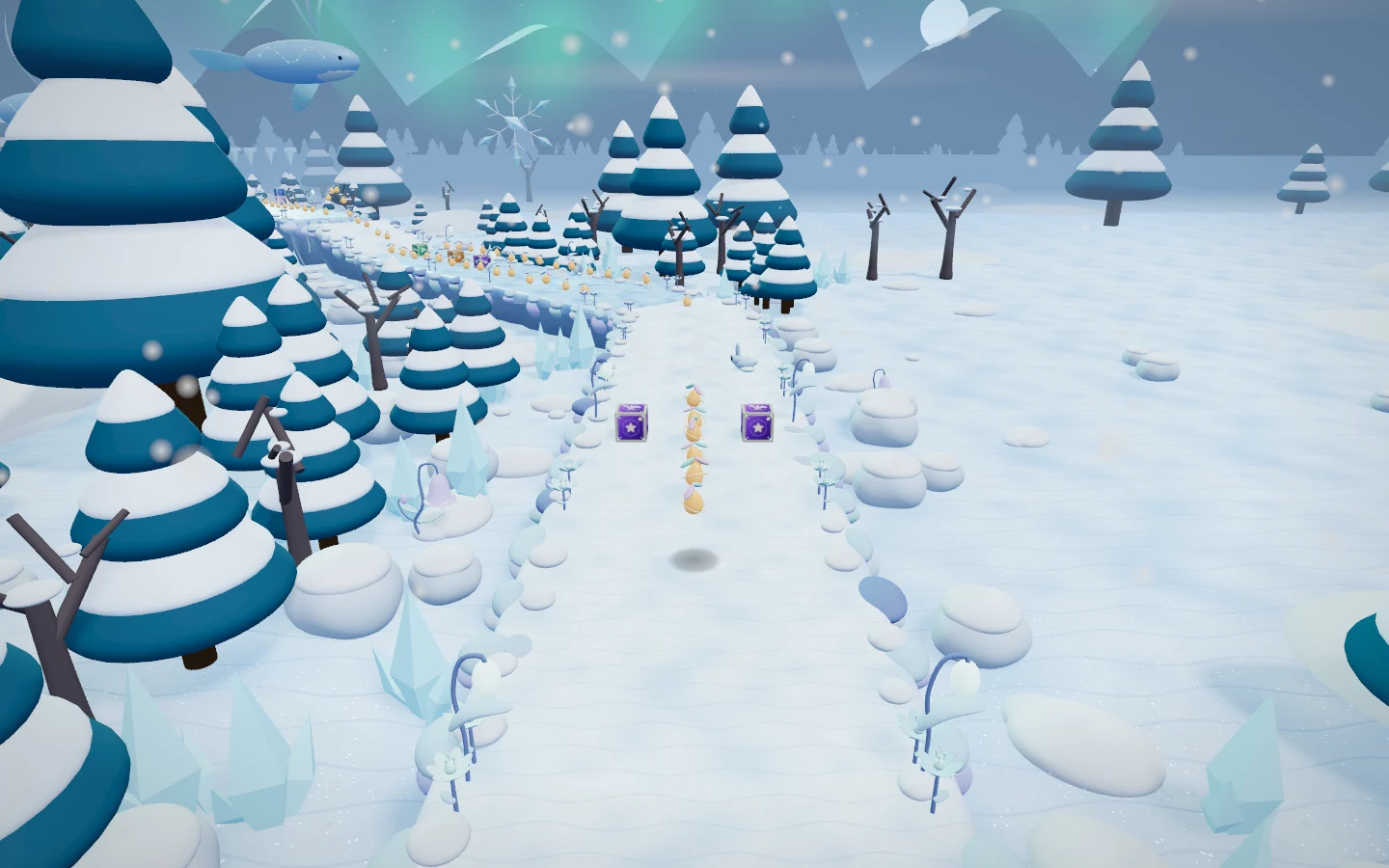 An icy blue pathway through the snowy landscape of Frostbite Peaks