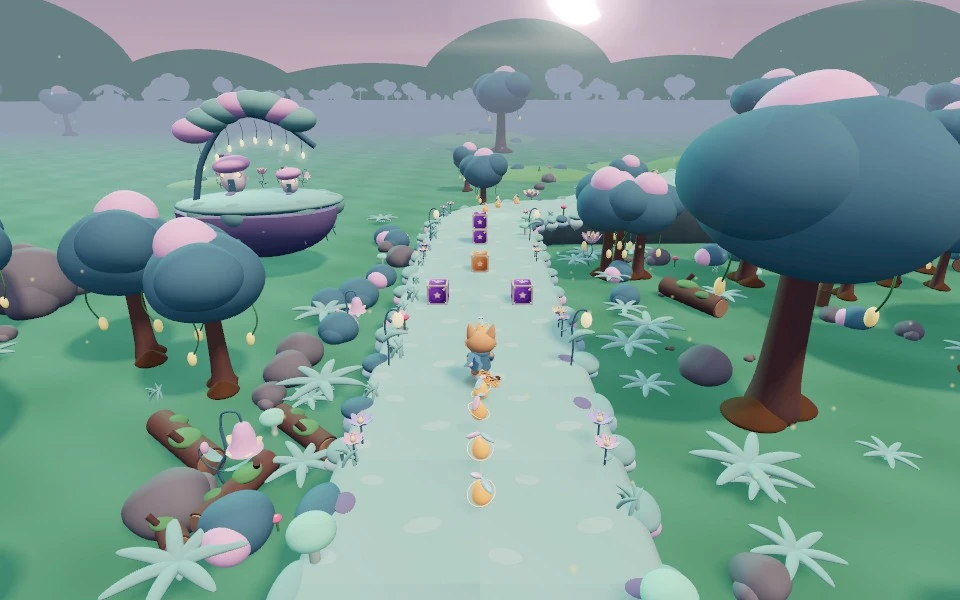 A cat jumps and spins through crates on a winding jungle path.
