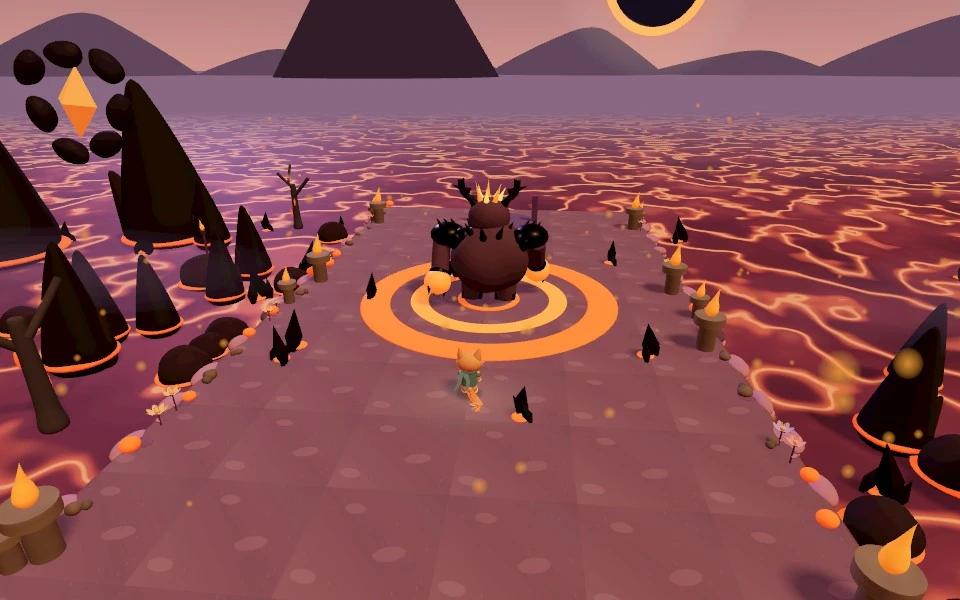Magmar leaps and throws fireballs while the cat moves around the lava arena.