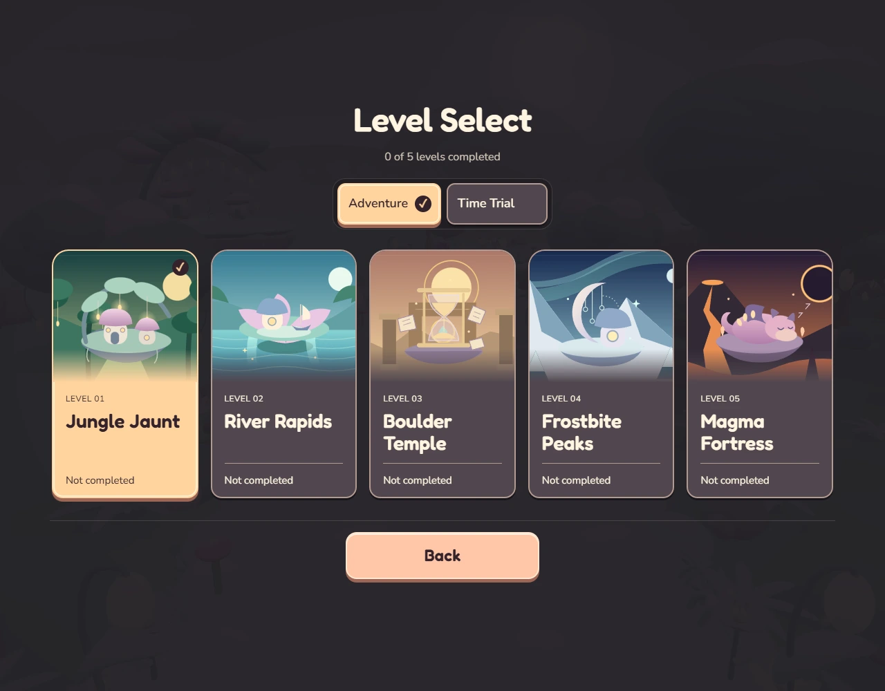 Adventure level select with illustrated world cards