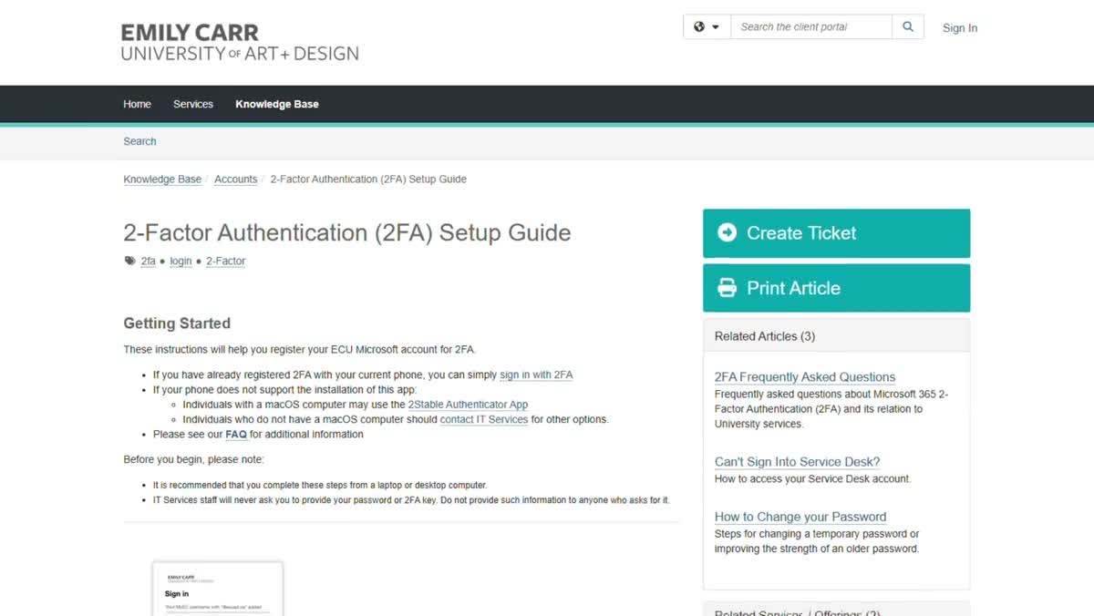 2FA setup guide with Create Ticket beside the instructions