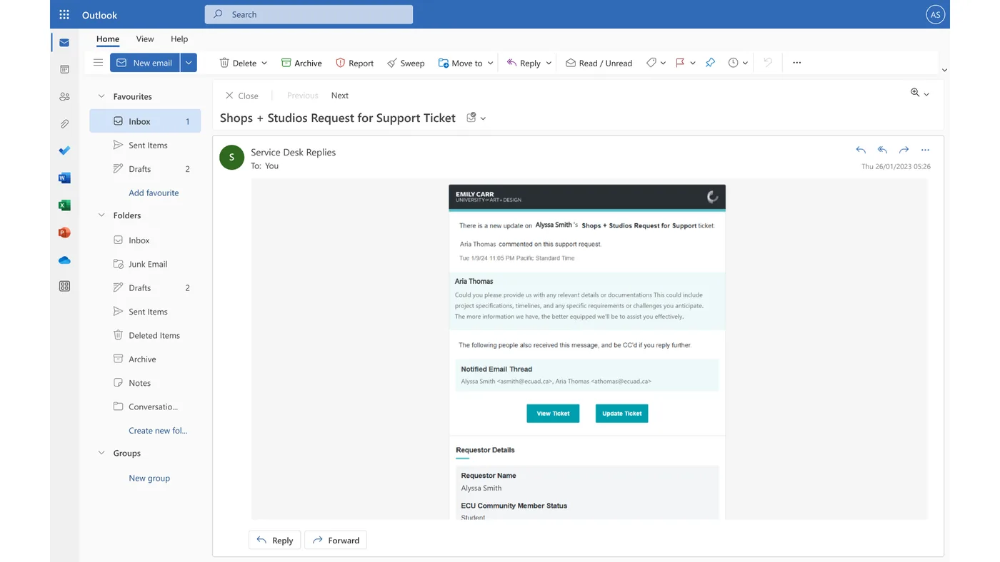 Related studio email with a staff update and ticket actions