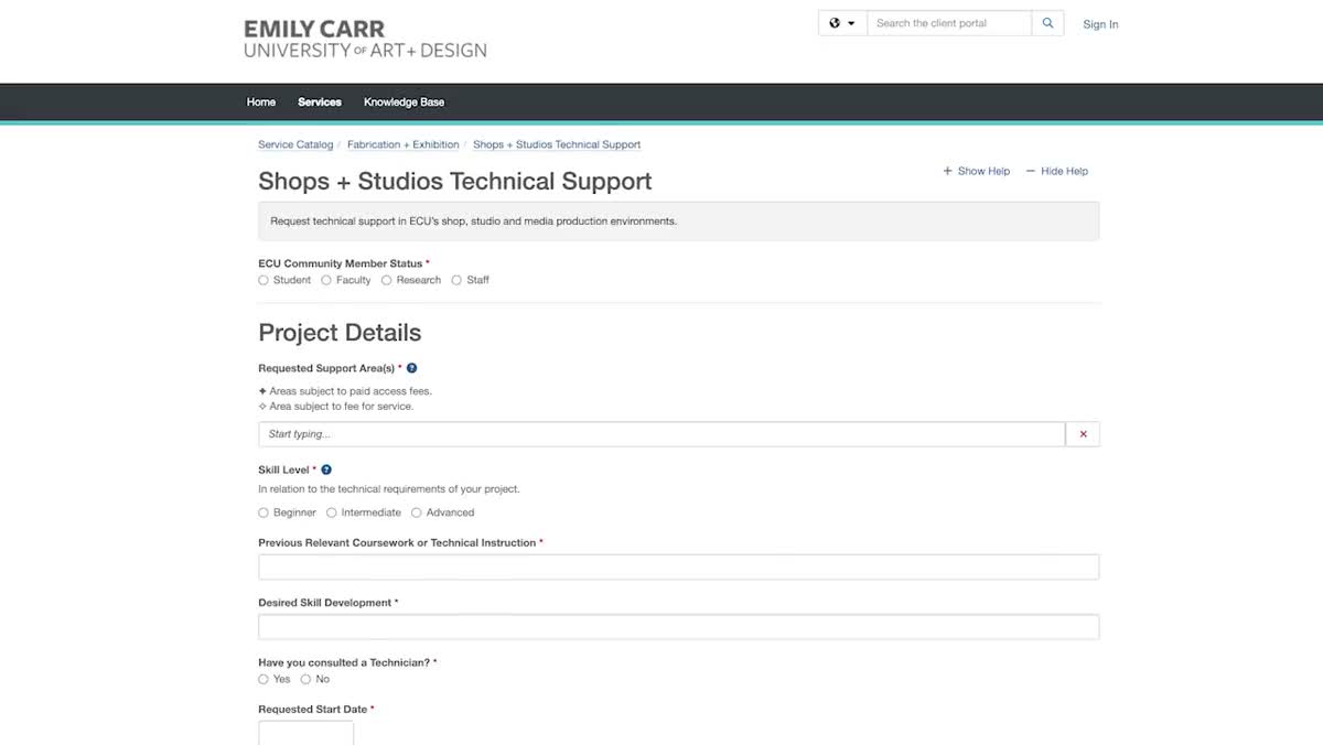 Studio request form collecting project context