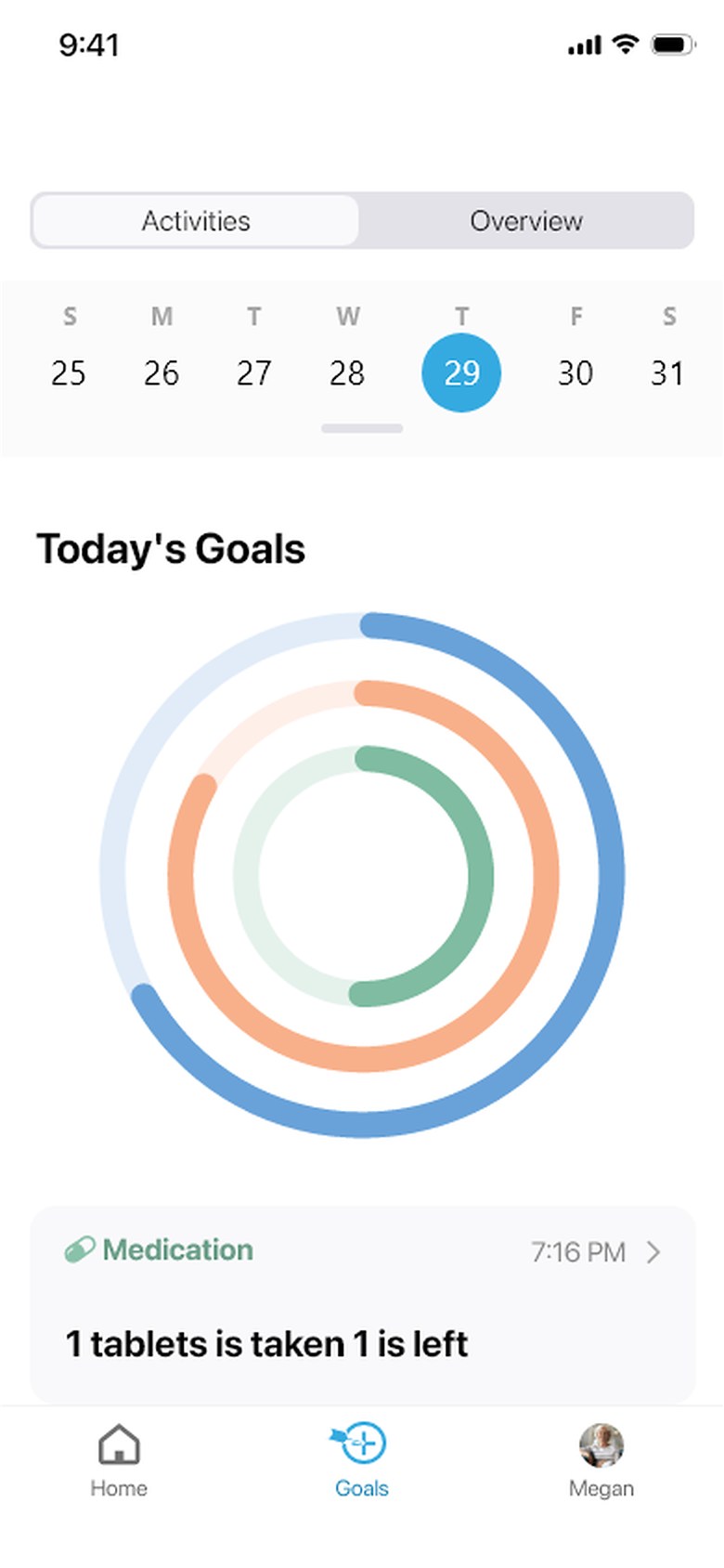 The goals screen with progress rings for the day