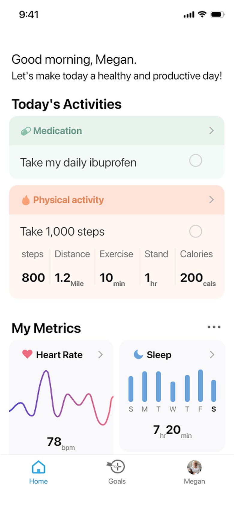 The app home screen listing today’s activities
