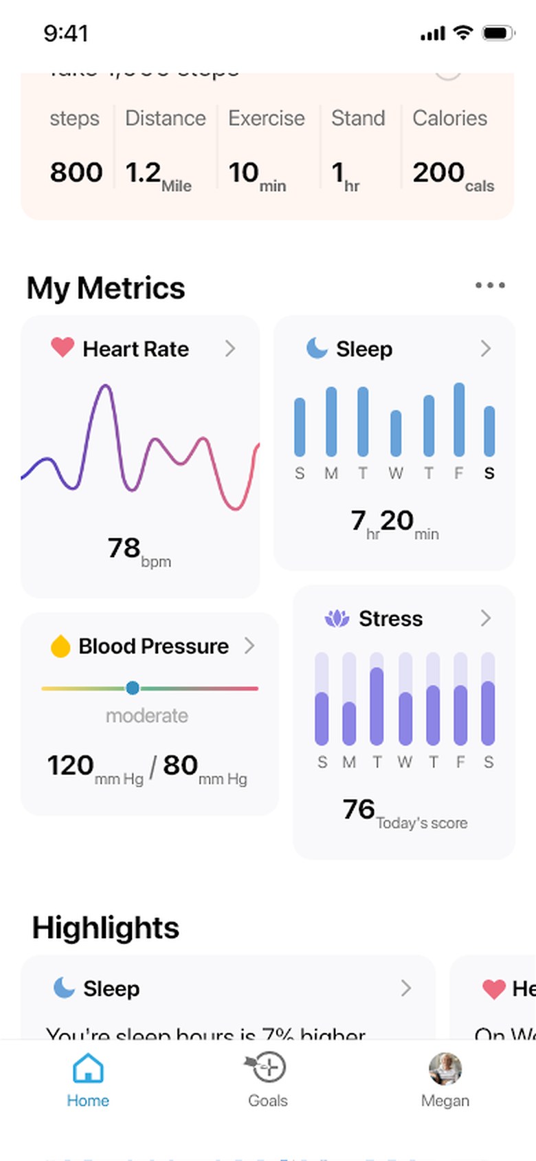 The metrics screen with heart rate and sleep readings