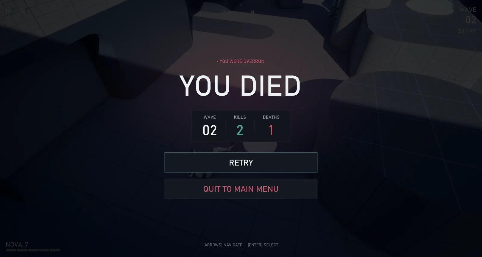 The death screen — the wave you reached, kills, and deaths, all from the same source.