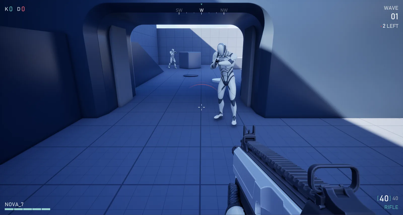 The live HUD — compass, wave counter, health, ammo, and damage arc, all bound to real state.