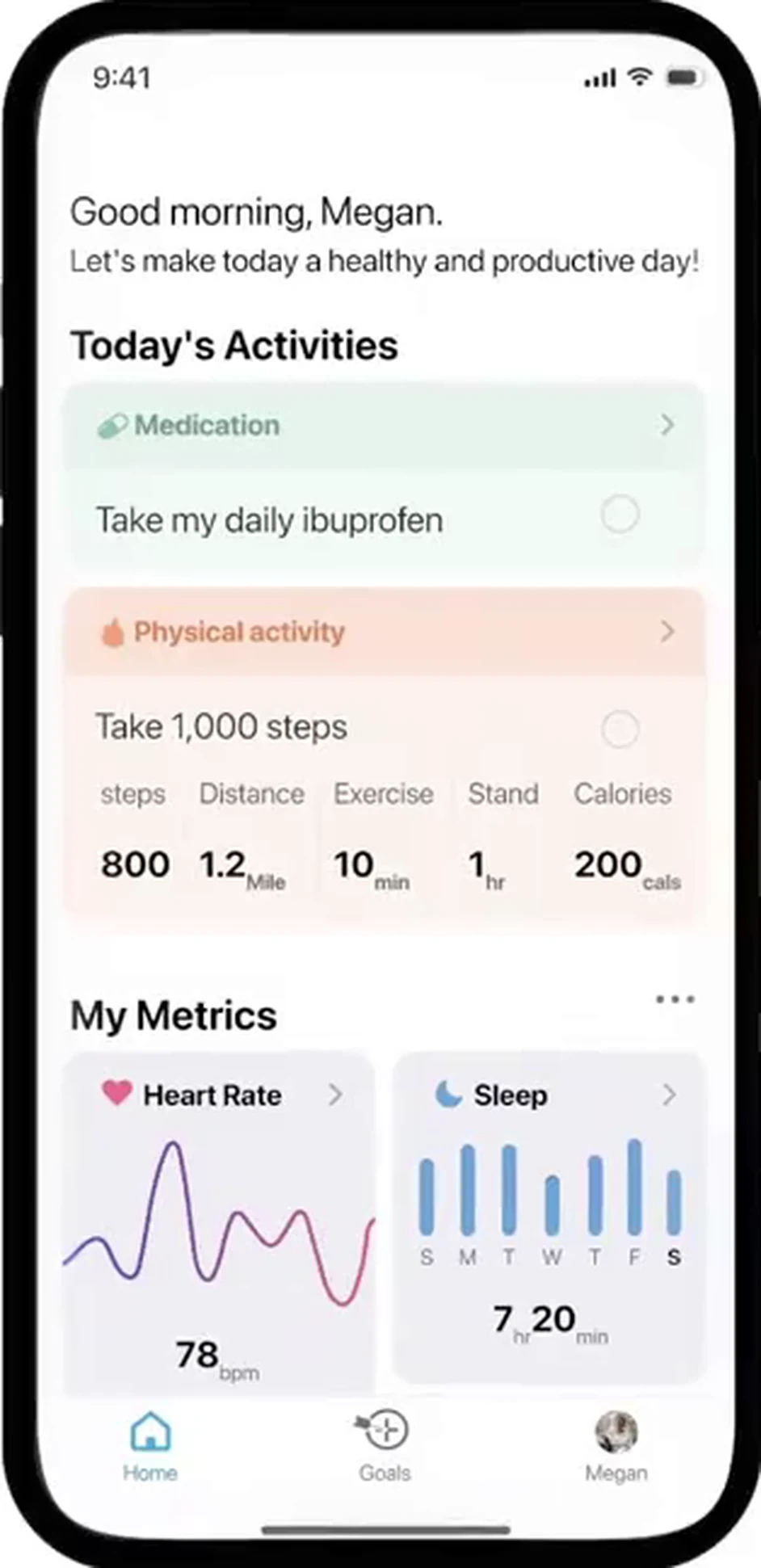 The We Care app home screen: a good-morning greeting, a Today’s Activities group with a medication card and a physical-activity card carrying a steps, distance, exercise, stand and calories strip, then Heart Rate and Sleep metric tiles above the tab bar.