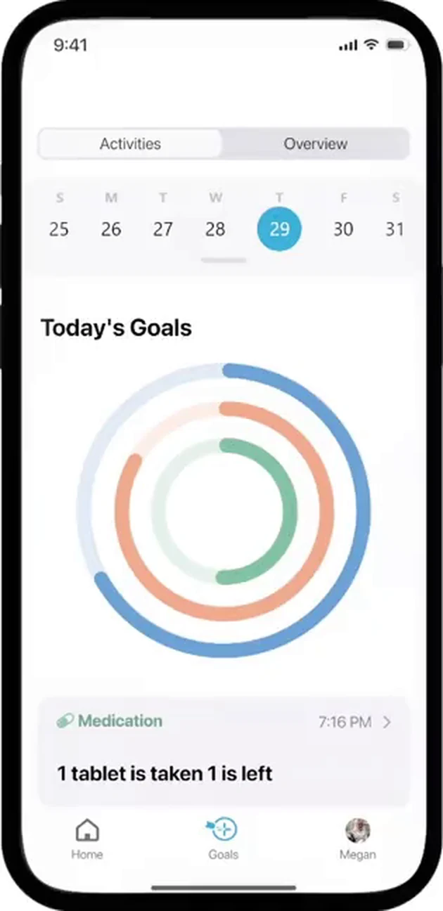 The Goals tab opening on Today’s Goals: a week strip with the 29th selected and three concentric progress rings above a medication card.