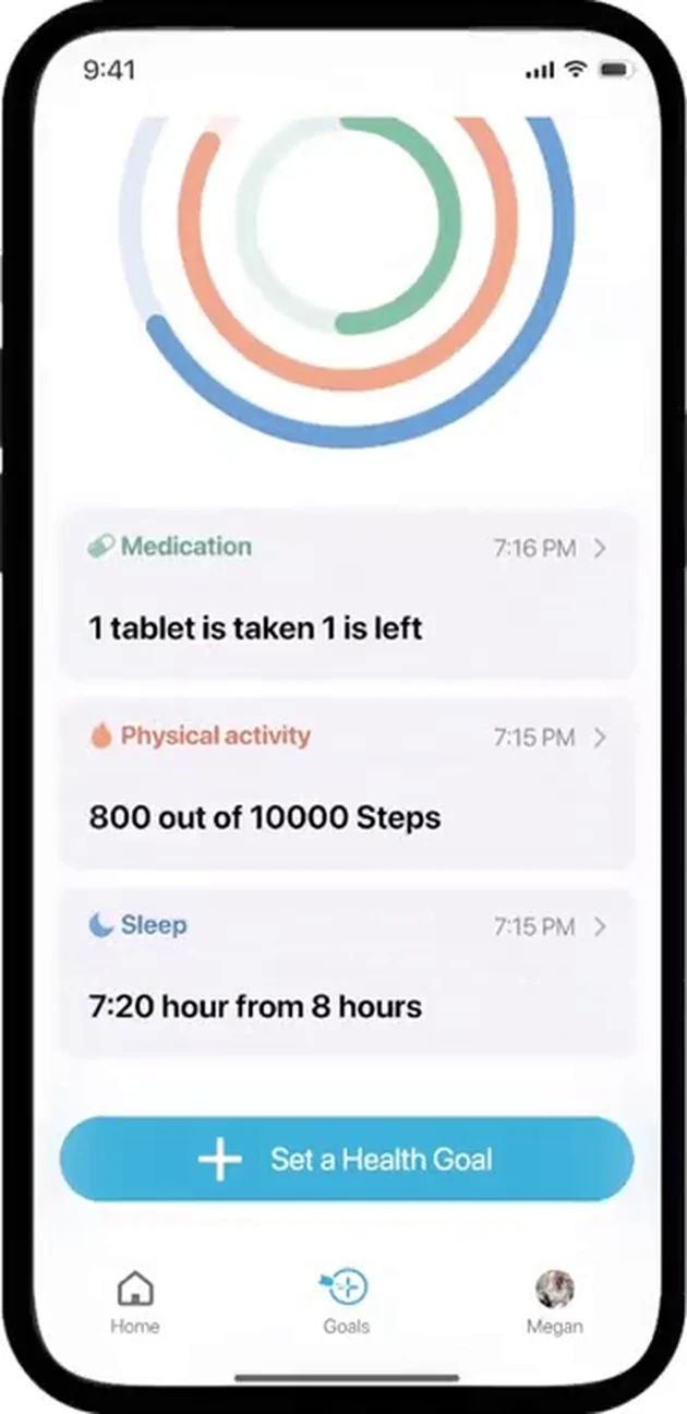 The Goals tab scrolled down past the rings to medication, physical activity and sleep progress cards, with a blue Set a Health Goal button below them.