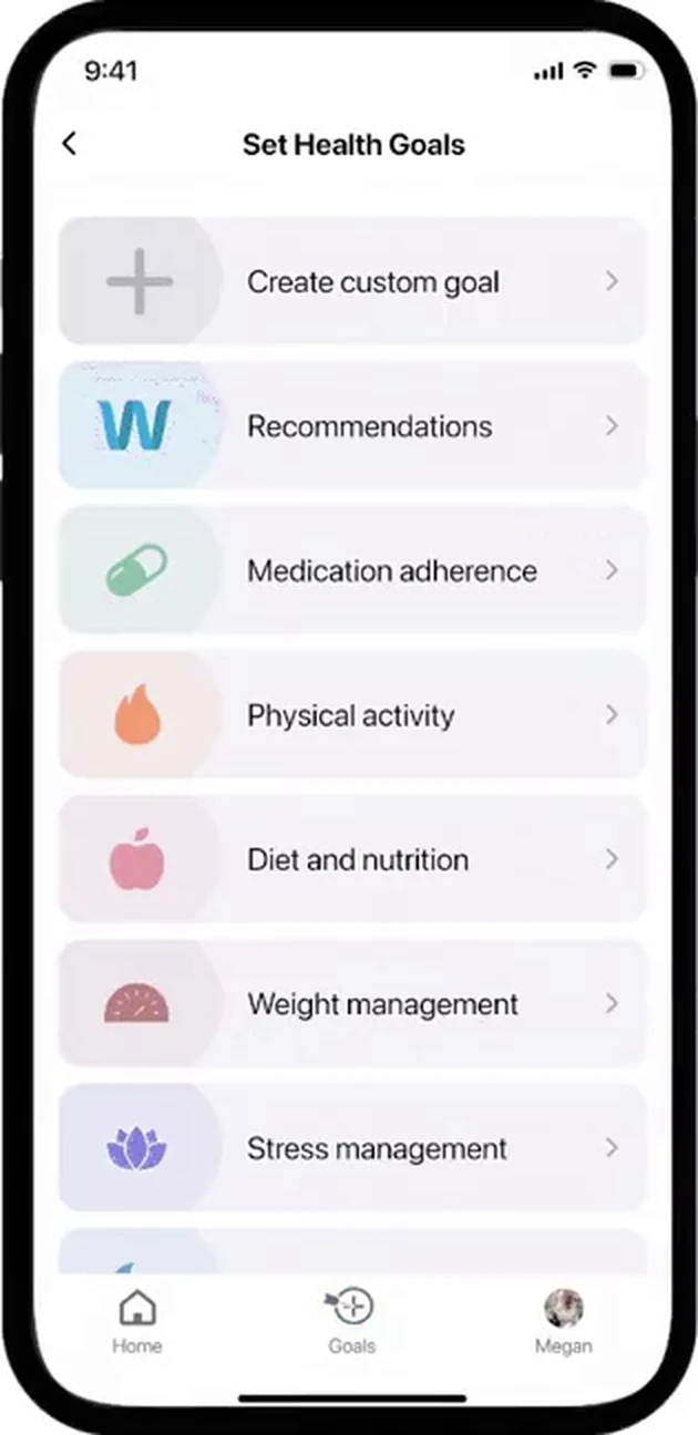The Set Health Goals list: create custom goal, recommendations, medication adherence, physical activity, diet and nutrition, weight management and stress management, each with its own icon.