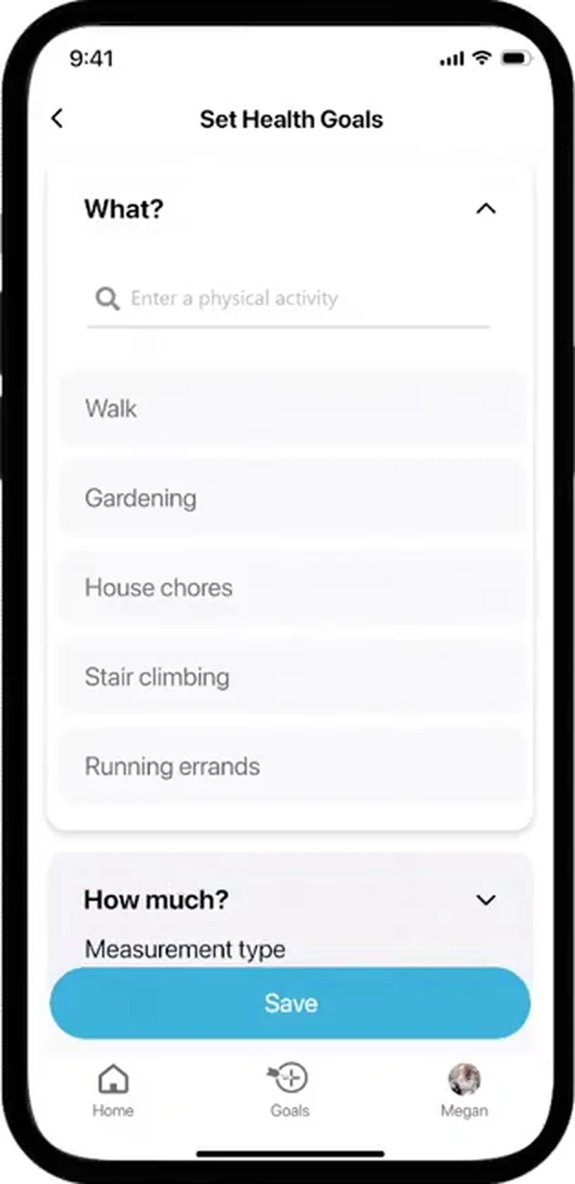 The What step of the goal form, with a search field reading “Enter a physical activity” and suggested activities: walk, gardening, house chores, stair climbing and running errands.