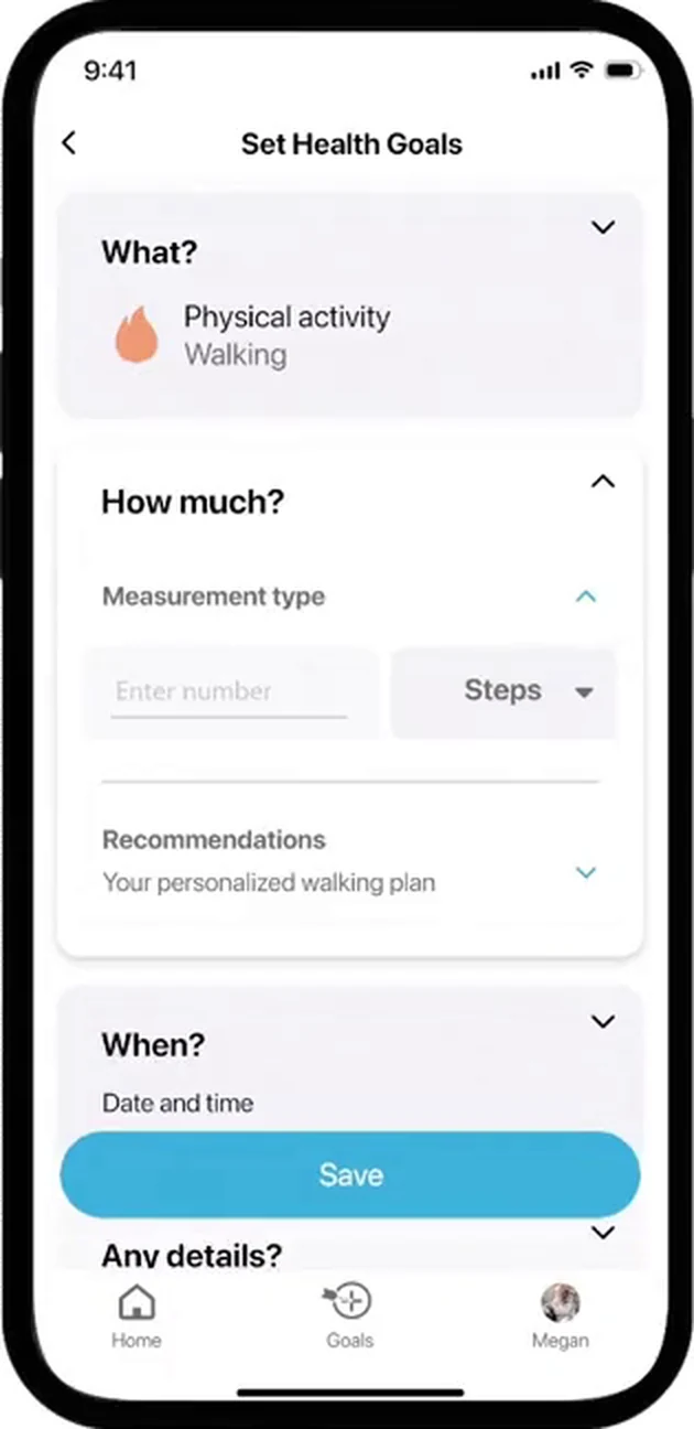The How much step, showing the chosen activity as a summary line, a number field paired with a Steps measurement dropdown, and a collapsed Recommendations row.