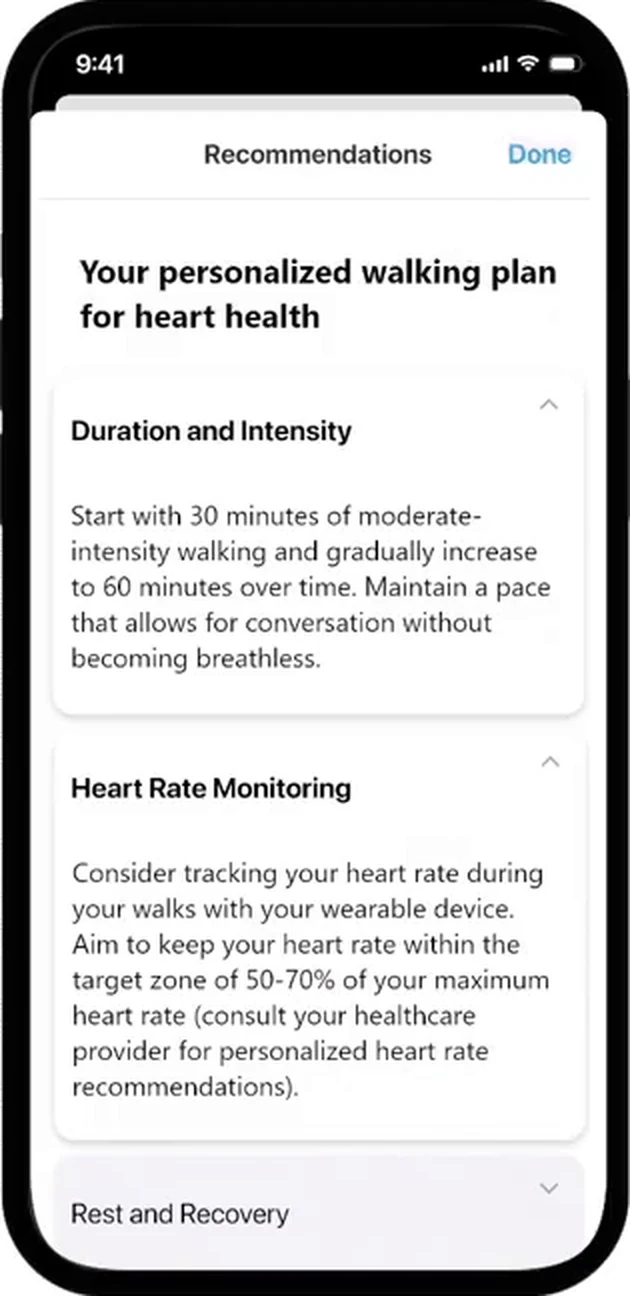 A Recommendations sheet titled “Your personalized walking plan for heart health”, opening on a Duration and Intensity card.