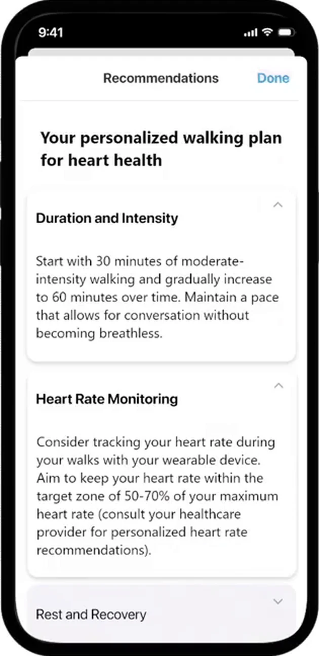 The same Recommendations sheet showing Heart Rate Monitoring guidance in full, with a collapsed Rest and Recovery card beneath it and a Done control in the header.
