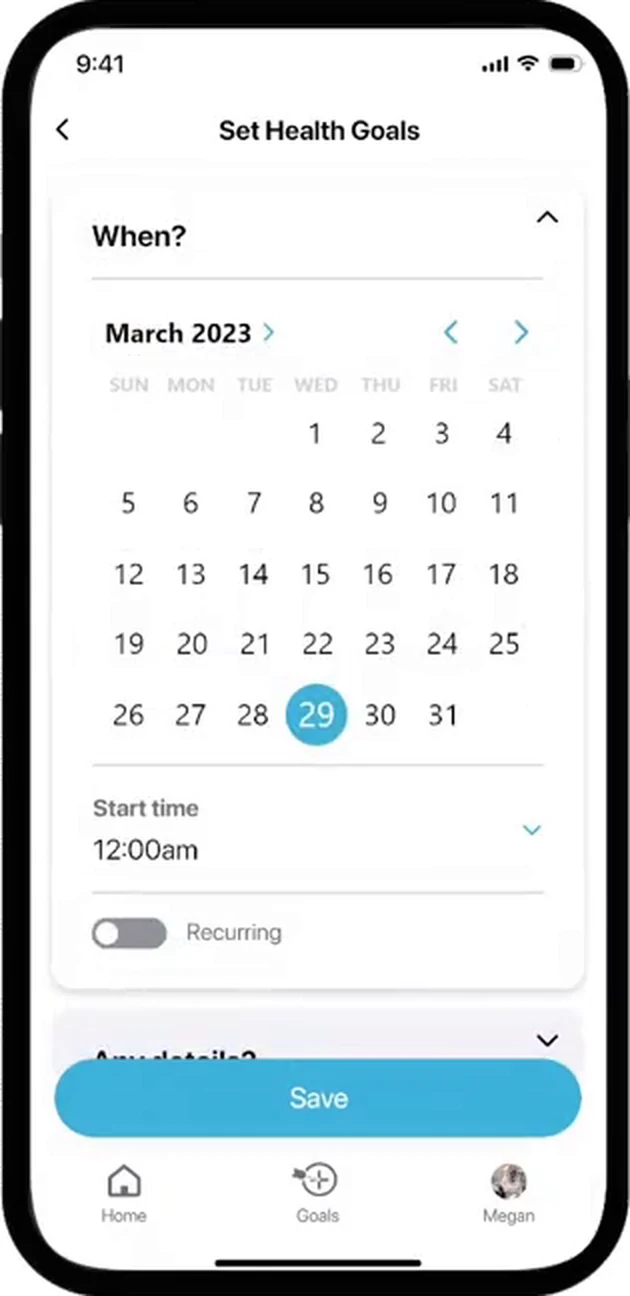 The When step, with a March 2023 month calendar and the 29th selected, a start-time field set to 12:00am, and a recurring toggle switched off.