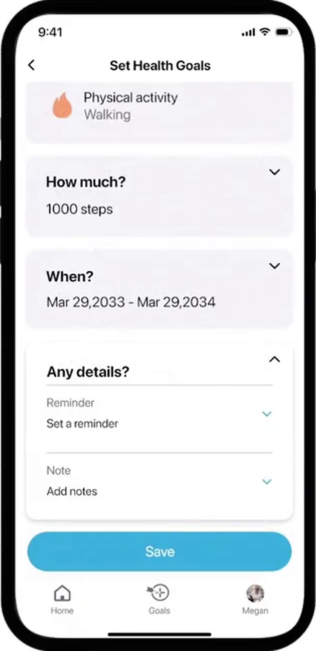 The completed goal form, with What, How much and When collapsed to one-line summaries above an open Any details section offering a reminder and a note, and a Save button.